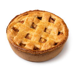 Single fresh baked apple pie close up isolated on white background