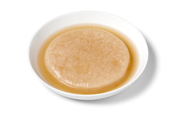 Plate with a Kombucha tea mushroom, scoby to produce Kombucha drink isolated on white background