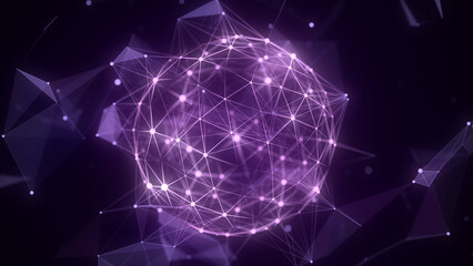 Futuristic sci-fi sphere in space with waves around. Technology circle a network connection big data. Digital ai background with particles. 3D wireframe geometric sphere. 3D rendering.