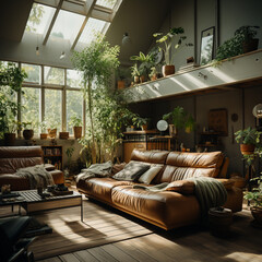 Obraz premium Stylish home design with green leather sofa and big window