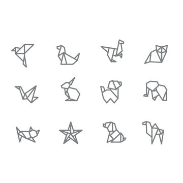 Origami flat line icons set. Paper cranes