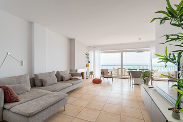 Large soft sofa in elegant living room with terrace interior