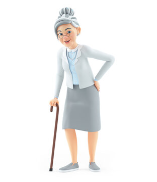 3d cartoon granny standing with cane