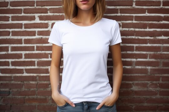 White blank t shirt mock up. Woman on brick stone