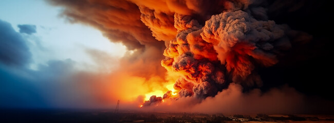 Apocalyptic blaze scorches nature sky choked with destructive smoke flames  - obrazy, fototapety, plakaty
