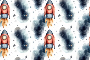 Seamless pattern of watercolor rockets in outer space on a white background