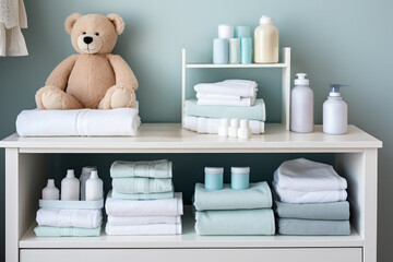 Baby care essentials: lotion powder diapers on nursery changing table 