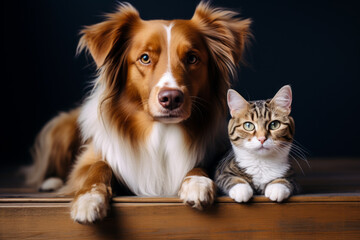 Cat and dog portrait gazing into camera together 