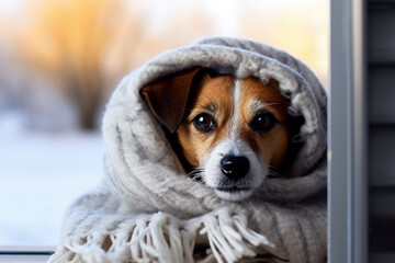 Chilly cute dog warms under blanket by radiator in living room 