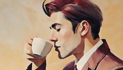 コーヒーを飲む男性　寛ぐ　リラックス　イラスト - obrazy, fototapety, plakaty