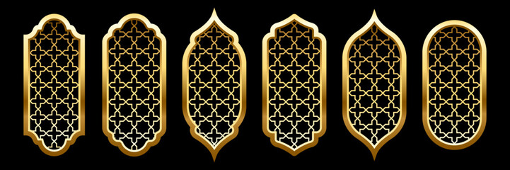 Collection of islam windows with pattern vector illustration isolated on black background. Oriental ornament, traditional Arabian design elements of decor, muslim gold frame - obrazy, fototapety, plakaty