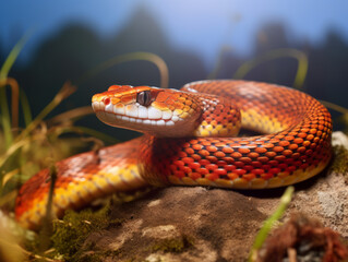 Fototapeta premium Bright orange corn snake coiled and poised, with detailed scales.