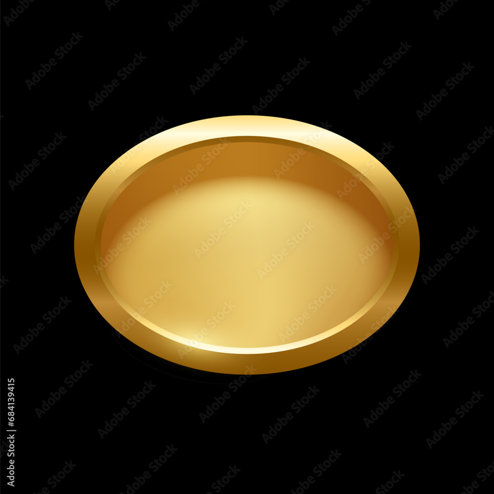 Poster gold ellipse shape button with frame vector illustration. 3d golden glossy elegant design for empty 