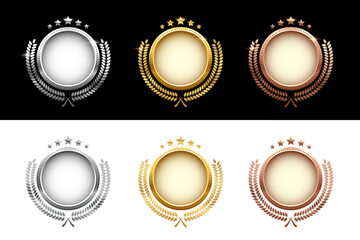 Set of shiny circle medals, laurel wreath with stars vector illustration. Chrome shining round badge prize for winner, award trophy nominee luxury symbol on black and white background - obrazy, fototapety, plakaty