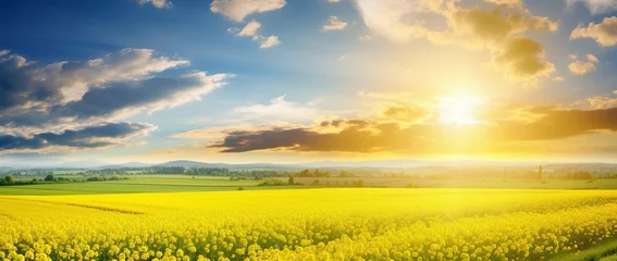 Tuinposter Dancing Sunbeams: The Vibrant Charm of a Yellow Field Landscape Generative AI © monsifdx