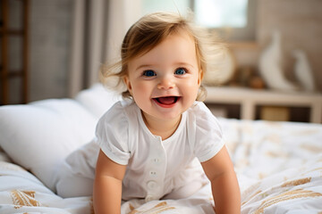 Happy baby crawls on her bed at home portrait displayed 