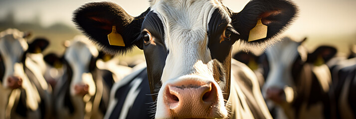Holstein cow depicted in a detailed close-up portrait image  - obrazy, fototapety, plakaty