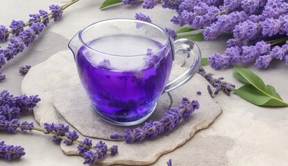 Obraz na płótnie Canvas Fresh delicious tea with lavender and lavender flowers on gray stone table