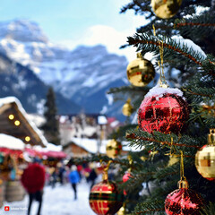 Albero di Natale con addobbi natalizi e luci in piazza con mercatino di Natale, sullo sfondo montagne innevate