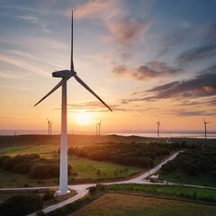 Traliccio con pala eolica, paesaggio costiero al tramonto