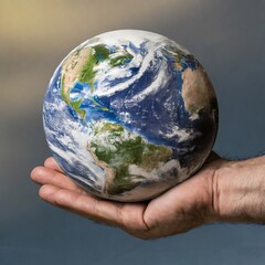 Pianeta sul palmo della mano, sfondo astratto grigio, concetto di cambiamento climatico