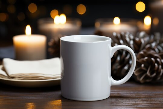 Mock up of white blank mug with christmas bokeh and cones on background