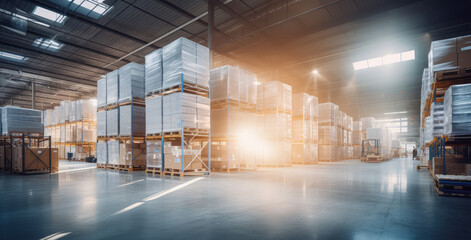 warehouse with large pallets in the aisles - obrazy, fototapety, plakaty