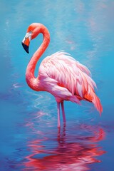 Enchanting Encounter: Stunning Pink Flamingo Amidst Magical Pink & Blue Waters Generative AI