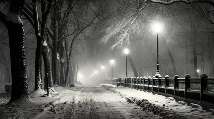 Zelfklevend Fotobehang Dark Lighted Road In The Snow In Winter. Black And White Art. Serene And Strange Atmosphere. Press Photo Concept © Immersive Dimension