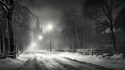 Obraz premium Dark Lighted Road In The Snow In Winter. Black And White Art. Serene And Strange Atmosphere. Press Photo Concept