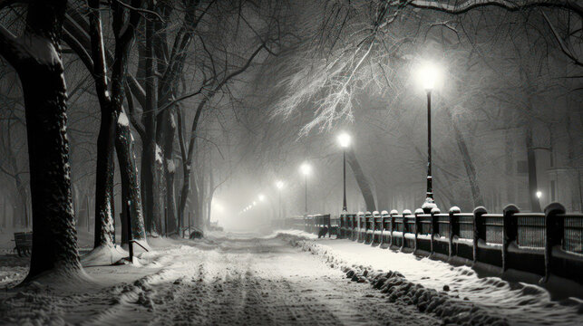 Dark Lighted Road In The Snow In Winter. Black And White Art. Serene And Strange Atmosphere. Press Photo Concept