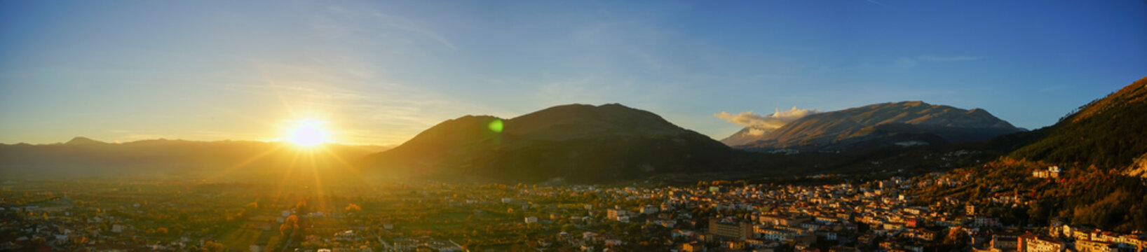 Misty sunset over Celano, L'Aquila, Abruzzo, Italy