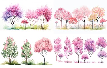 watercolor style illustration of pink flower and cherry blossom tree garden, summer and spring collection set isolated on white background, Generative Ai - obrazy, fototapety, plakaty