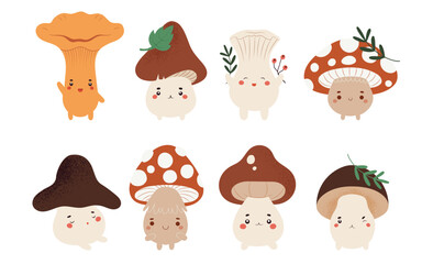 Set with eight different type mushroom creatures in cute kawaii design, hand drawn vector illustration isolated on white background