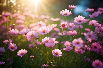 Enchanting Blooms: Captivating Vignette of Small Pink Daisies Nestled in Lush Green Grass Generative AI