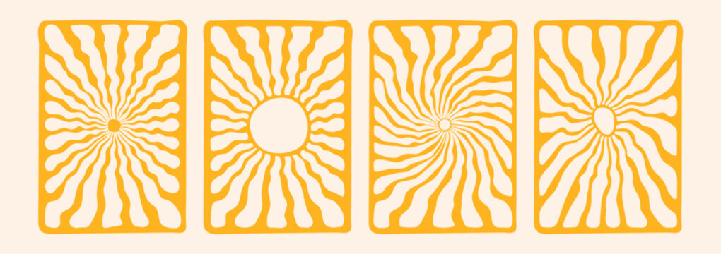 Groovy retro abstract sun backgrounds. Organic doodle shapes in trendy naive hippie 60s 70s style.