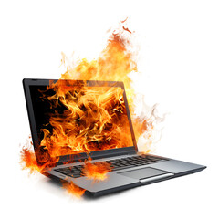 Laptop Engulfed in Flames, Digital Device Consumed by Intense Fire, Technology Disaster Concept Art, Generative AI
