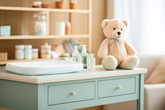 Baby care essentials: lotion powder diapers on nursery changing table 