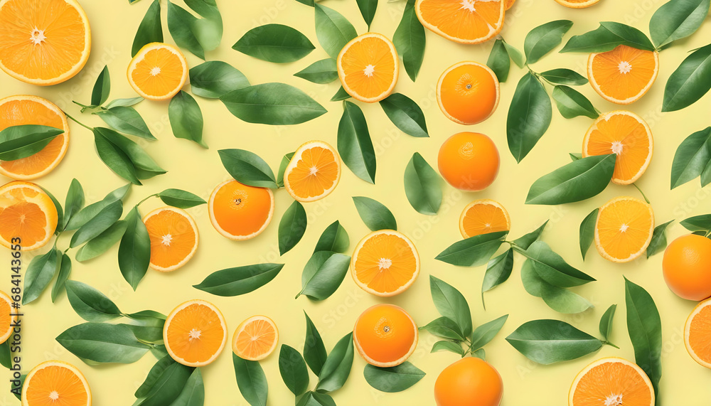 Wall mural Creative summer pattern made of oranges and green leaves on pastel yellow background