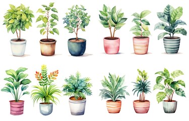 watercolor style illustration of green leaf pot plants, terracotta pot, minimal simple style, , isolated on white background, collection set, Generative Ai