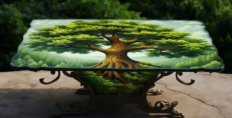 Naklejka premium Uncover the Tranquility: Majestic Table and Tree Enmeshed in Nature's Beauty Generative AI