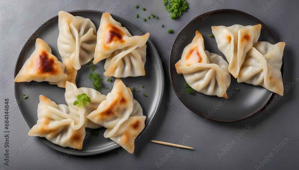 Wall mural gyoza japanese korean dumplings on gray plate on the tabl. top viewe copy space for your text