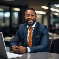 Dark-skinned African-American man smiling, a businessman in an office at a desk with a laptop. - obrazy, fototapety, plakaty