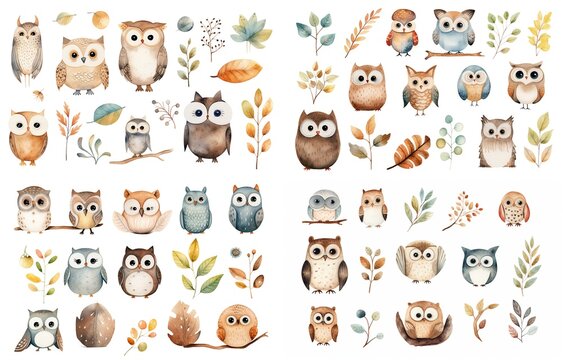 watercolor style illustration of cute owl bird and autumn foliage, winter and fall collection set isolated on white background, Generative Ai