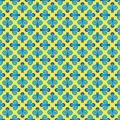 A Vector seamless pattern of blue abstract geometric shapes for tile isolated on a yellow background