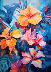Experience Paradise: Vibrant Tropical Flowers and their Lush, Colorful Leaves Generative AI
