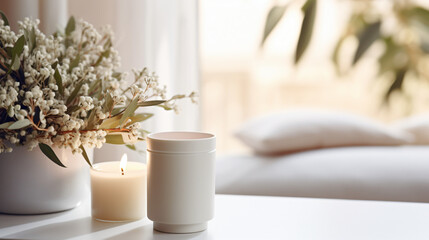 Scented candle on a white table with vase