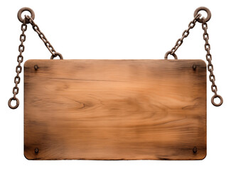 Wooden hanging sign. The board hangs on thick metal chains. Isolated on a transparent background.