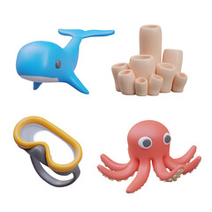 Realistic glasses for underwater swimming, realistic whale, octopus, and aquarium plants in beige color. Marine animal concept. Vector illustration in 3d style