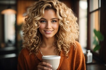 Attractive curly blonde young Woman holding a cup of coffee. Drink morning. A girl in a cozy house drinks a warm drink.